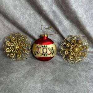 1 Christmas Red & Gold Joy Ornament 2 Gold Glitter 3D Snowflakes Hanging